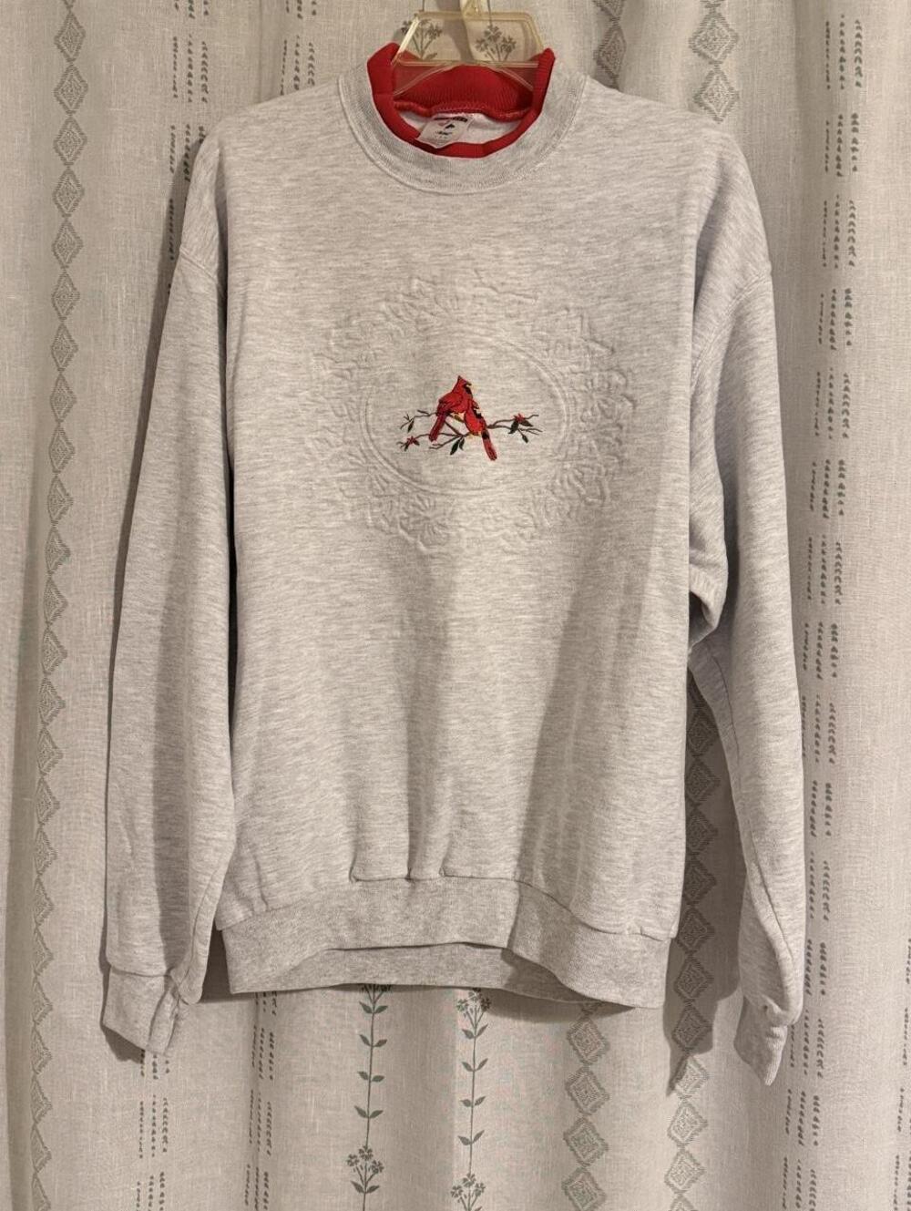 90s Vtg Jerzees NuBlend Cardinal Double Collar Preppy Gray Christmas Sweatshirt